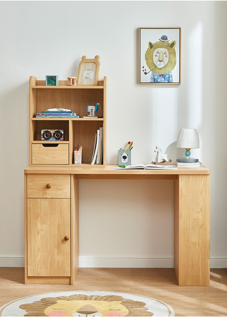 林氏木业北欧儿童书桌书架一体桌学习桌子套装家用写字台家具tt1v原木
