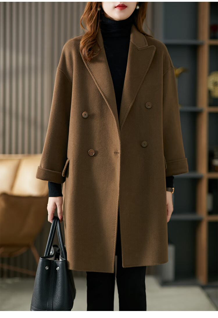 原形羊绒毛呢外套女中长款秋冬2021新款宽松加厚双面羊毛呢子大衣棕色