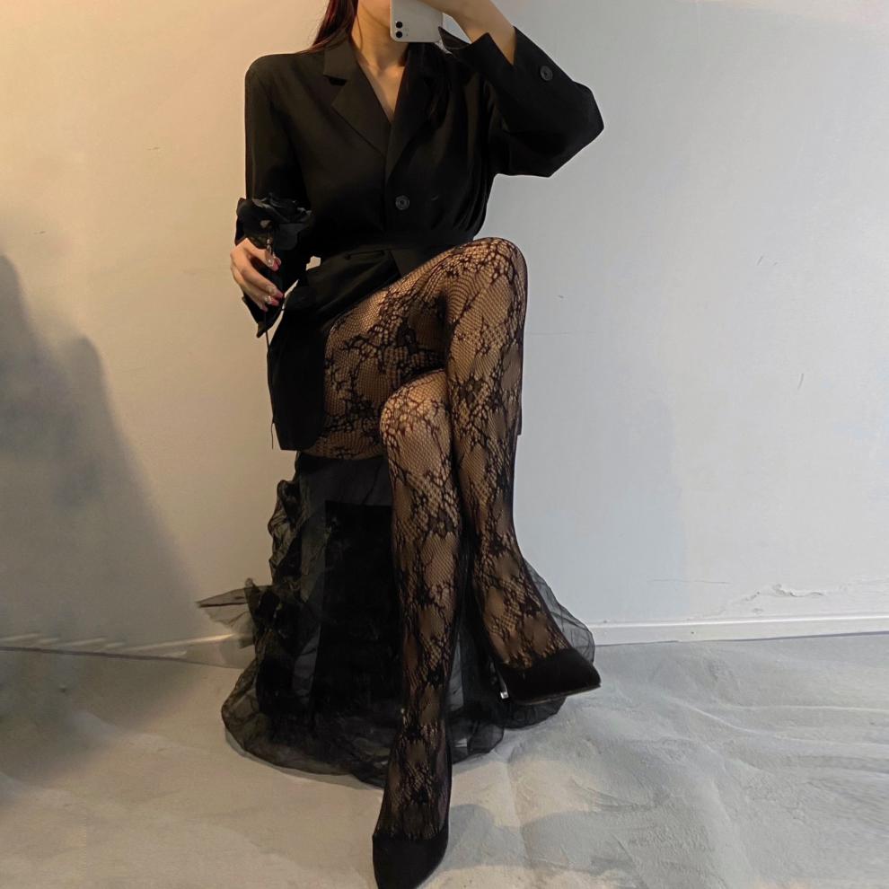浪莎旗舰店同款蕾丝白色丝袜女日系可爱jk黑丝花藤网裤袜性感镂空打底