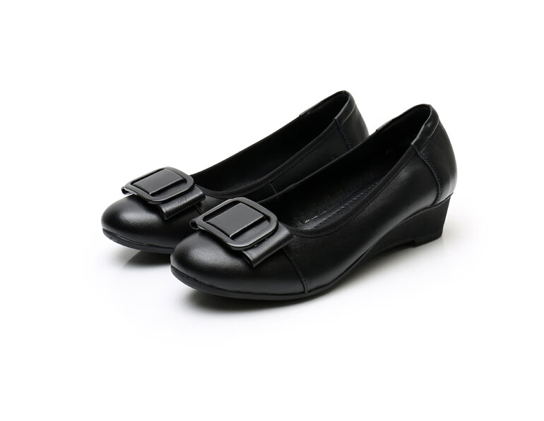 妈妈鞋登云软底坡跟工作鞋女上班鞋舒适真皮圆头平底女式皮鞋 黑色 35