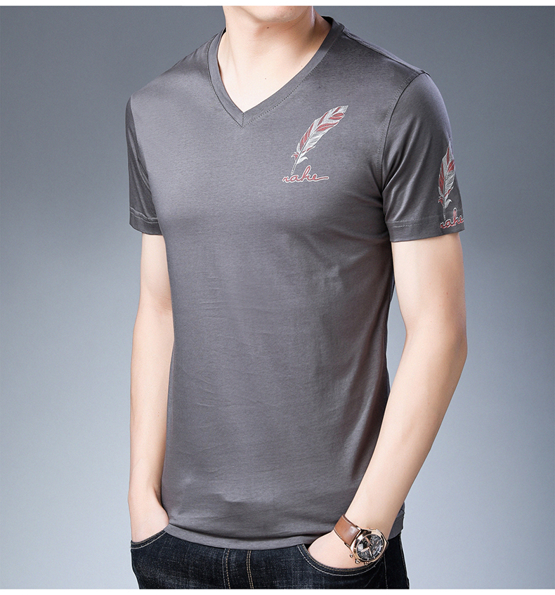 商场同款夏款v领短袖t恤男士纯棉青年韩版半袖体恤衫潮流修身男装 上