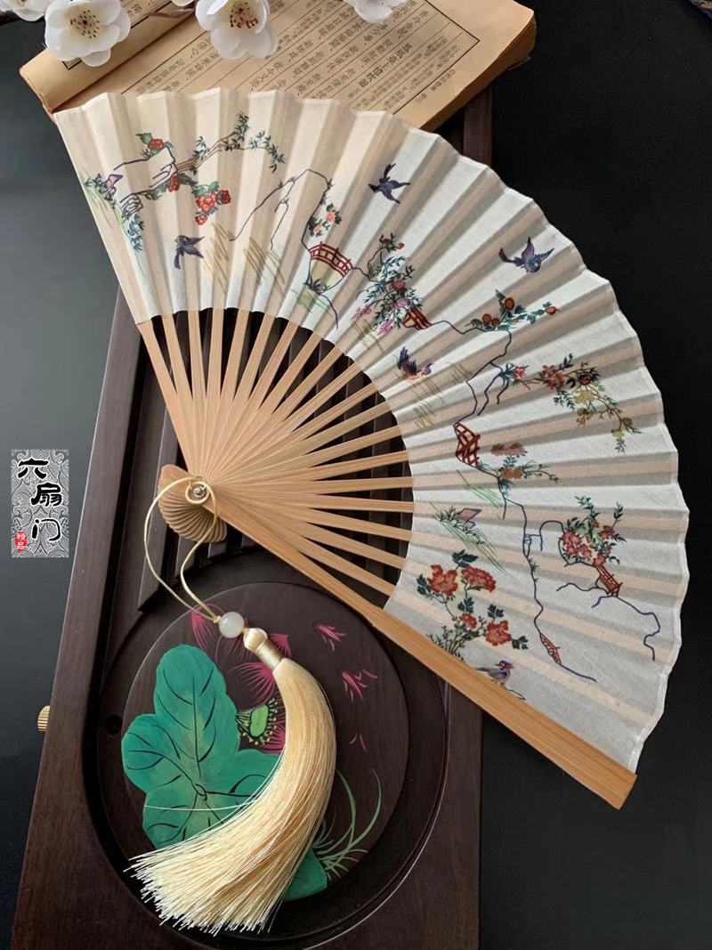 京固折扇古风男女宣纸原创孔府花鸟裙图案花鸟折扇子宣纸双面复古风