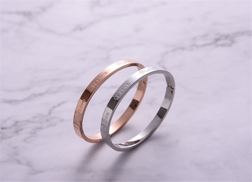 艾素手链女四叶草手镯玫瑰金侣简约开口卡扣式彩金刻字手环送女友情人