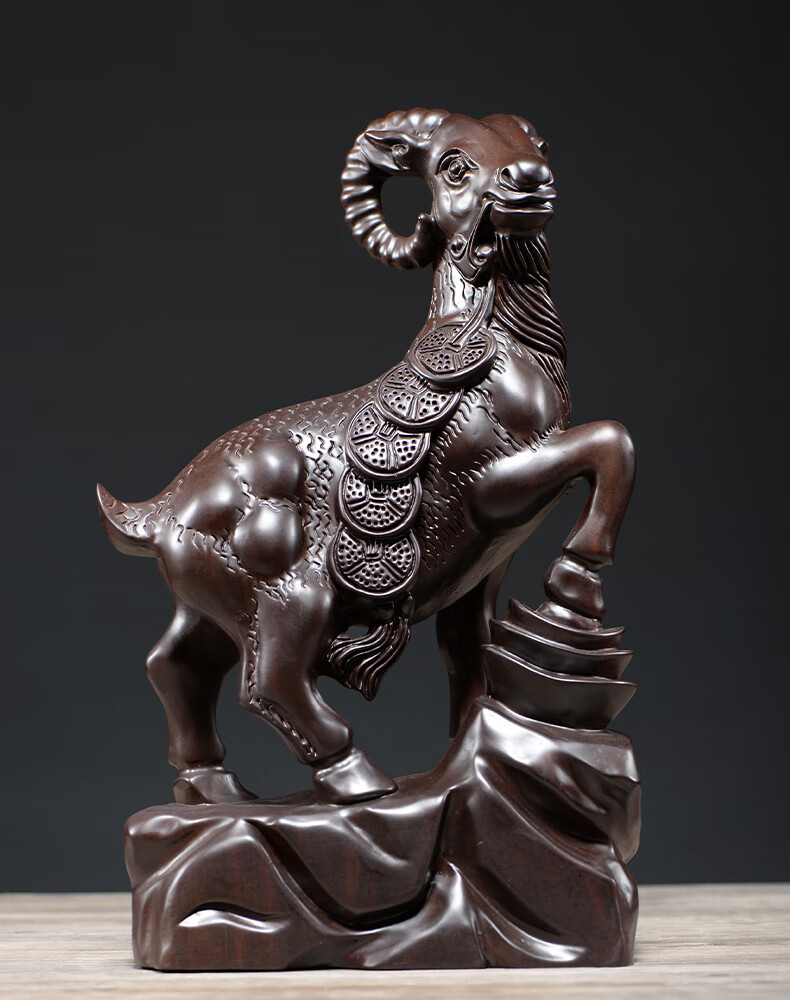 枳之家 木雕羊摆件木质 风水装饰禄羊献瑞红木十二生肖雕刻红酒柜工艺