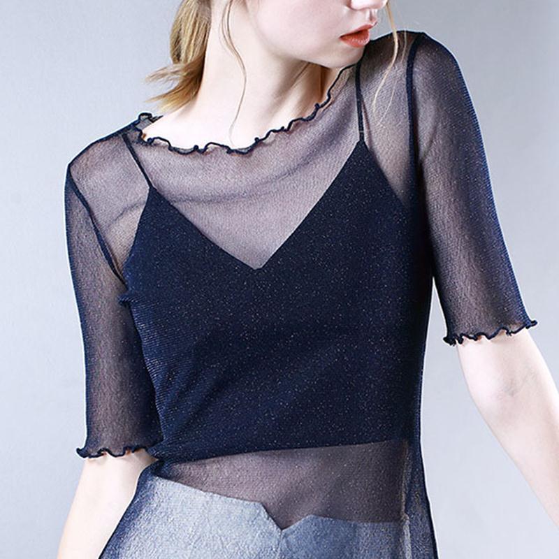 半截网纱打底衫女短袖纱衣2020新款亮丝木耳边蕾丝内搭短款上衣薄 净