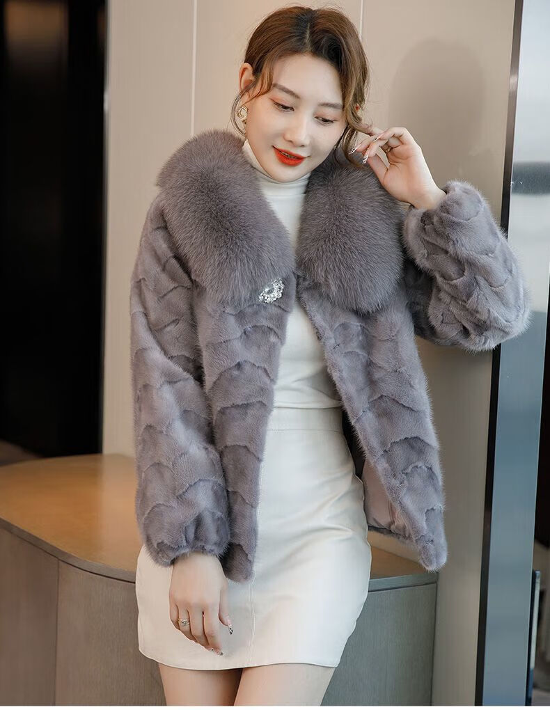 意枕上水貂皮草外套女短款秋冬新款狐狸毛领貂皮大衣拼貂名媛正品皮草