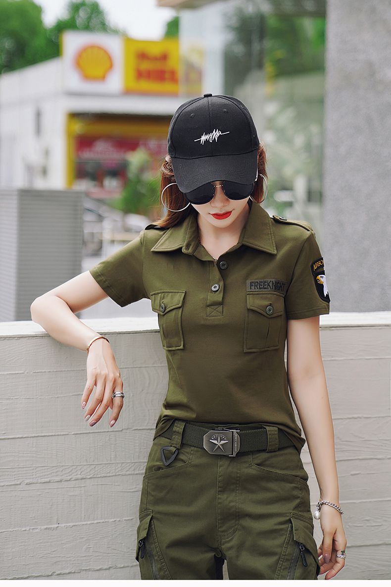 女兵2022新款夏季迷彩短袖恤女潮工装上衣显瘦弹力宽松水兵舞服装潮