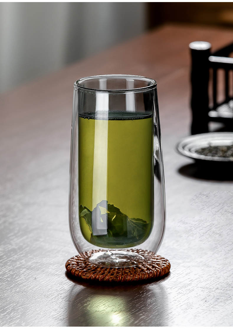 oufanmei双层玻璃杯男士泡茶杯子家用隔热防烫喝水杯绿