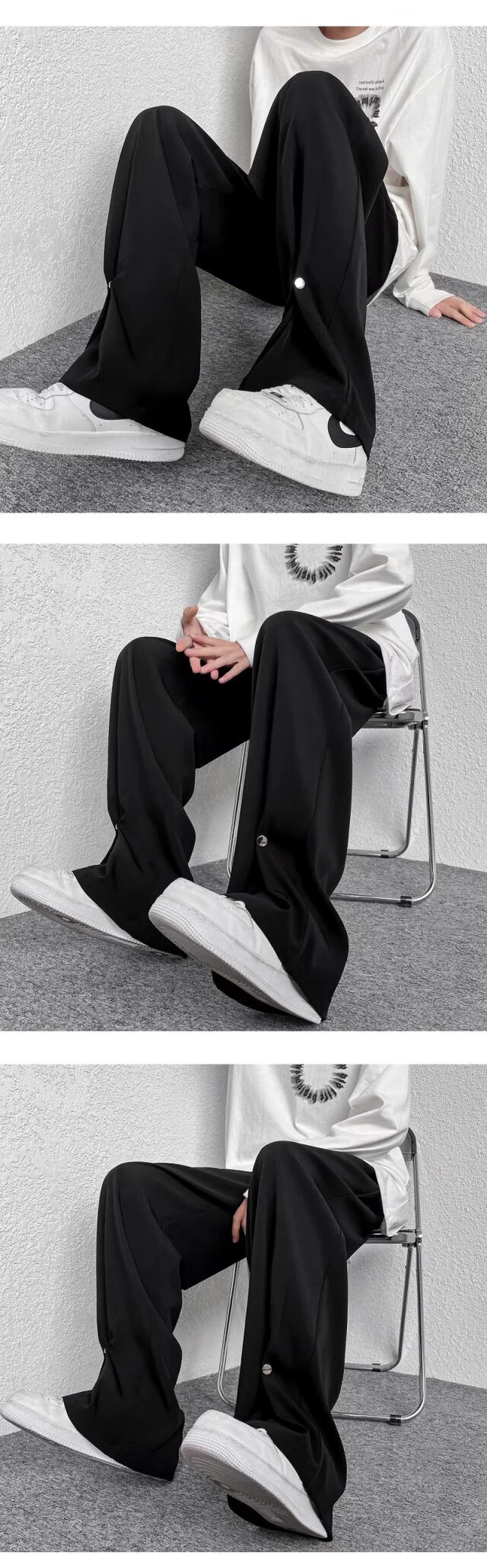 夏季商务休闲裤裤子男潮流宽松垂感排扣高街运动黑色直筒显瘦长裤黑色