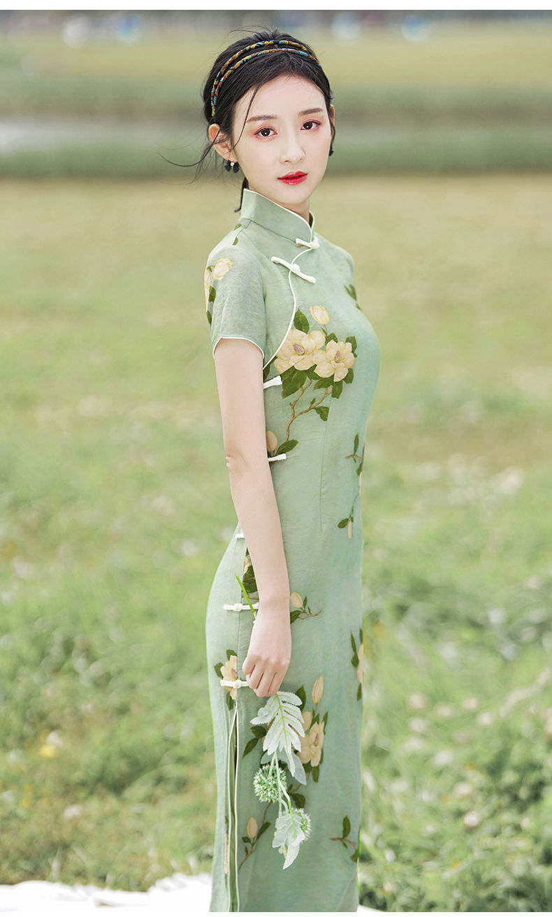taohan特价捡漏新款女夏季素雅复古气质轻款绿色旗袍2022改良日常