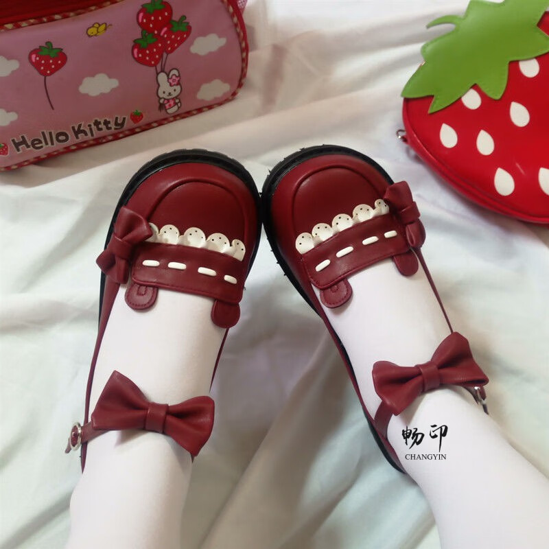 喵喵酱lolita波波熊日系平底娃娃鞋圆头可爱少女学生单鞋cll 黑色 38