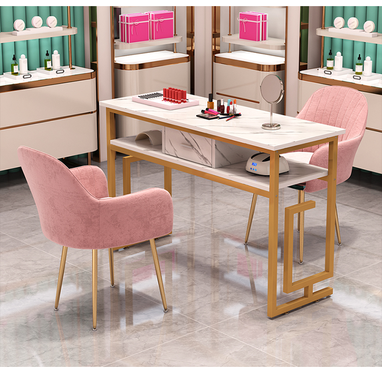 时尚网红美甲桌美甲台美甲店专用桌子椅子套装经济型单人小型金白石纹