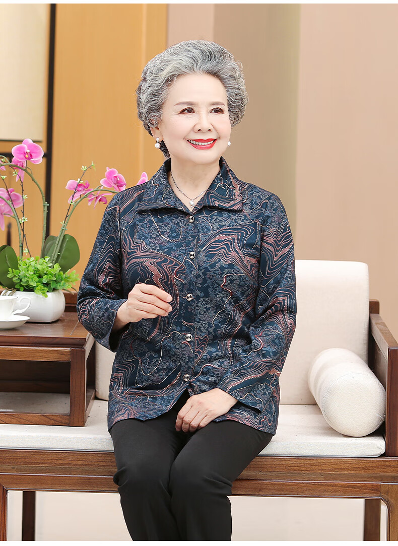 欧之裳中老年人女春装长袖衬衣衬衫60岁奶奶外披上衣70妈妈春秋舒适