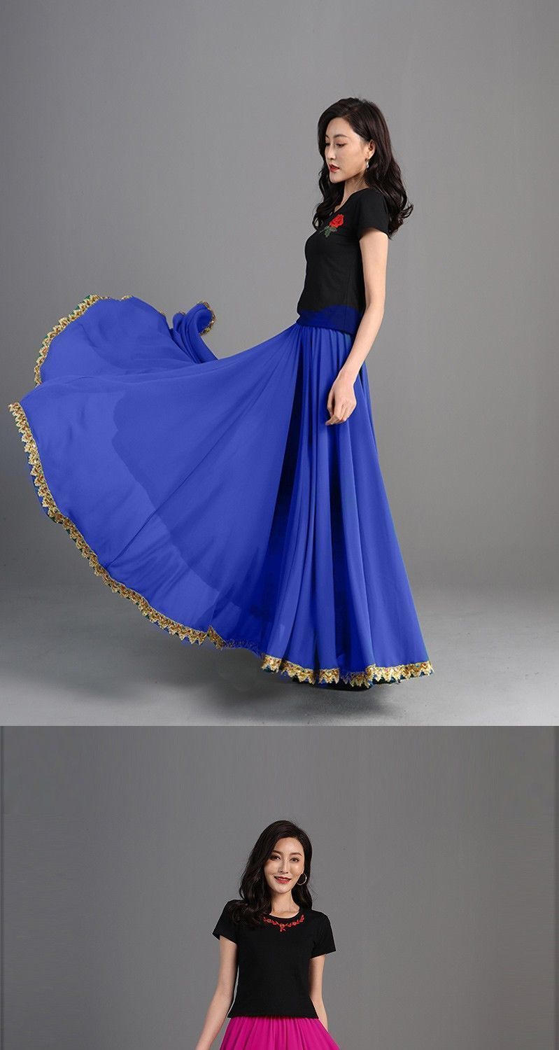 新疆舞蹈服装女720度红色花边长裙大摆裙跳舞新疆舞广场舞民族舞红色