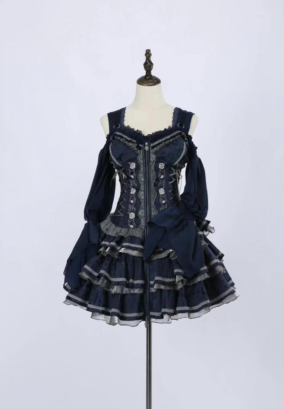 琴涅全款洛丽塔夏蔷薇jsk刺绣显瘦狗短连衣裙lolita 灰紫色jsk 黑色内