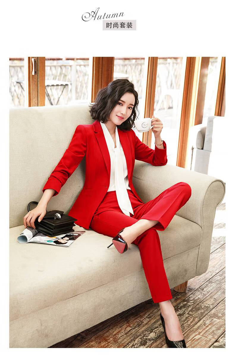 女装红色西装套装女气质时尚主持人上镜春秋西服酒店前台正装工作服女