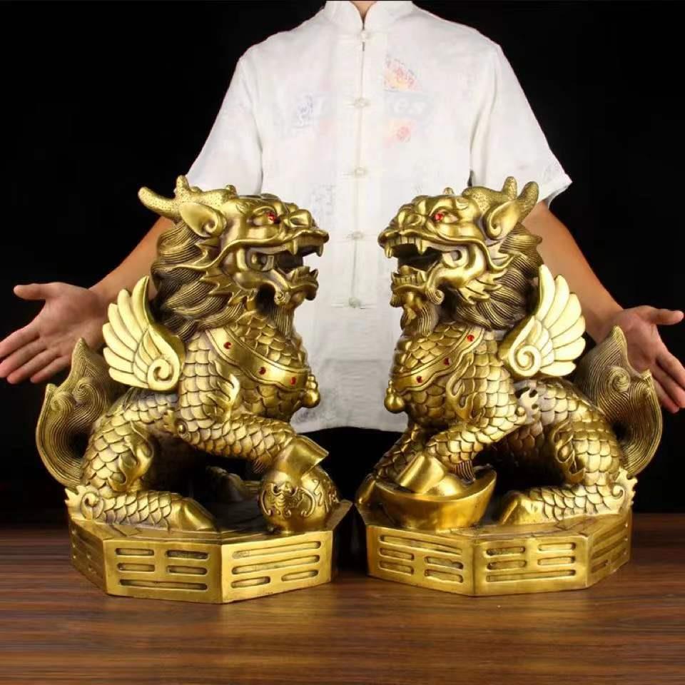 纯铜八卦麒麟摆件一对财富麒麟踩书卷麒麟客厅办公室店铺装饰摆设高端