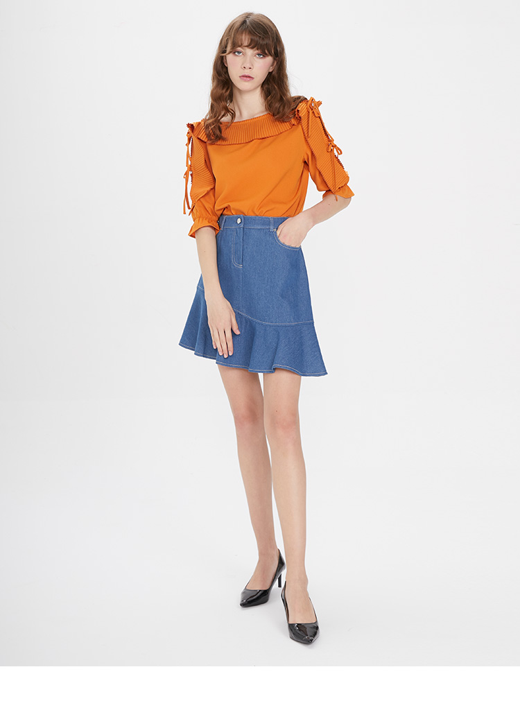 breadnbutter雪纺衫夏季新款女纯色百褶系带中袖雪纺衫宽松上衣琥珀色