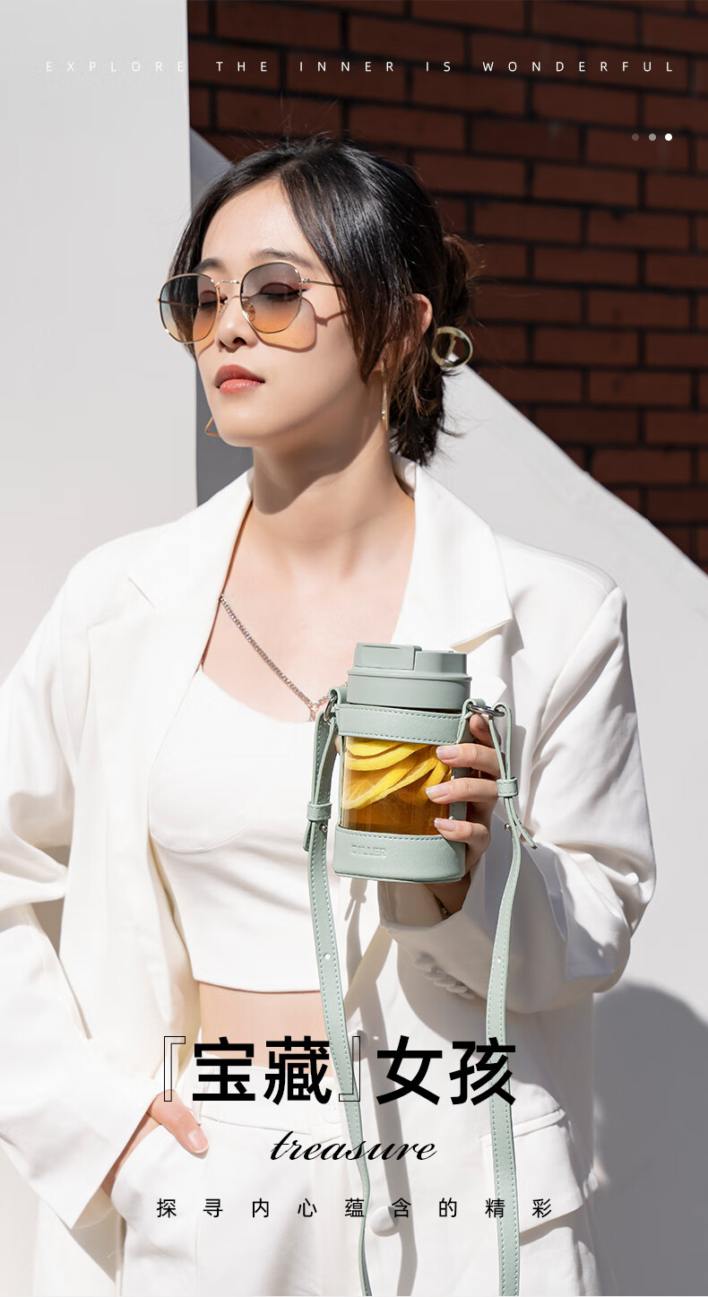 cica水杯瑞典玻璃水杯女便携咖啡杯随行双饮杯ins风带吸管高颜值杯子