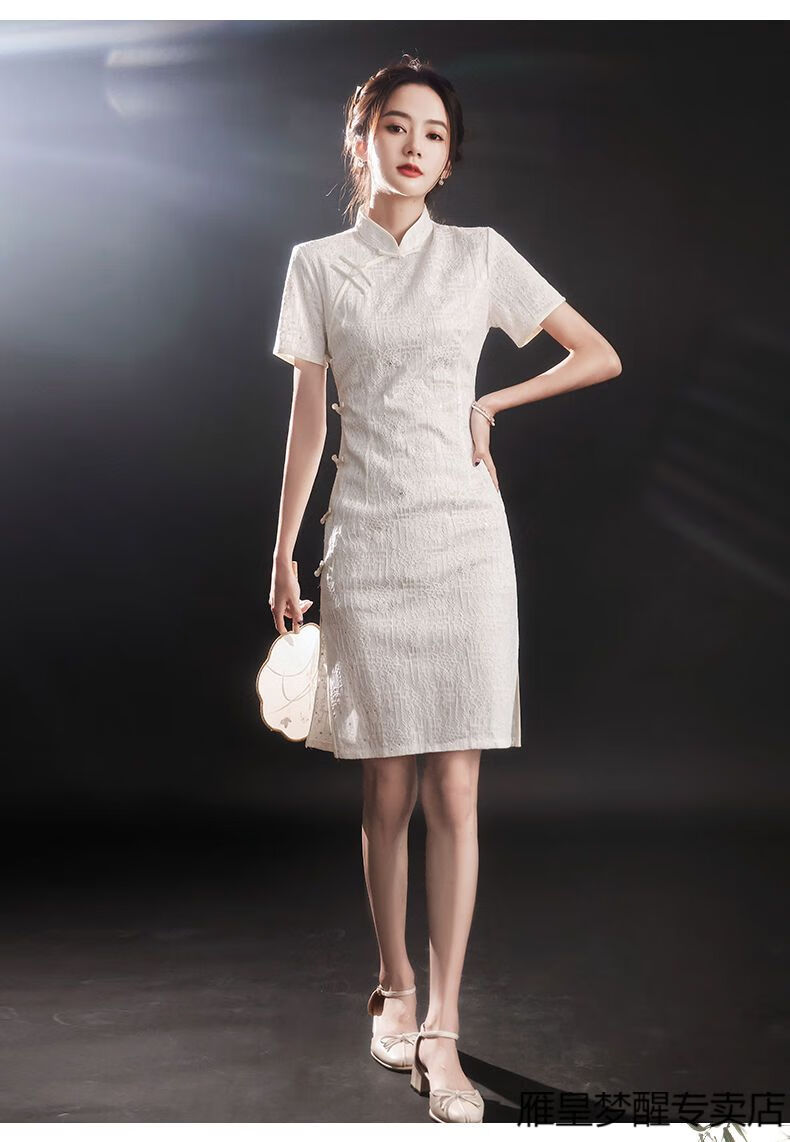 香港雁皇yeshon白色旗袍新款夏季素雅复古蕾丝年轻款少女改良版短款
