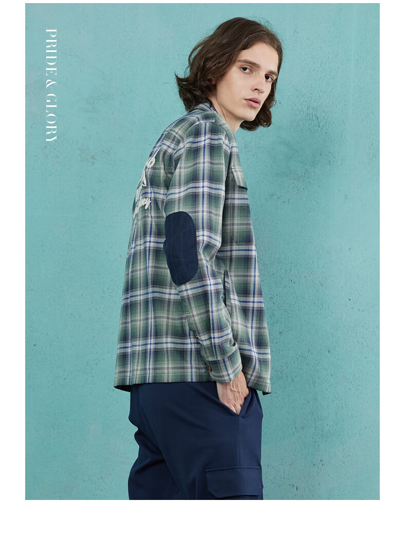 plory秋季新品刺绣老鹰格纹衬衫男poyca3803d军绿色170
