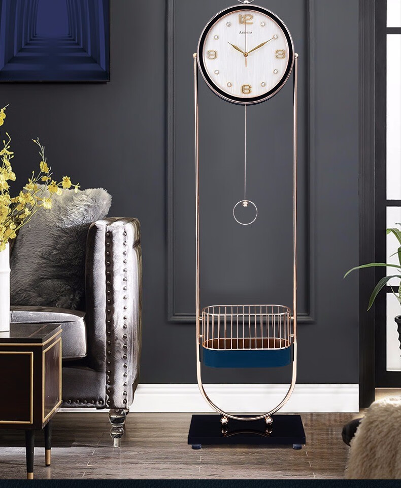 欧式皮革轻奢落地钟家用客厅角柜立钟大摆钟现代时尚静音座钟摆件蓝色