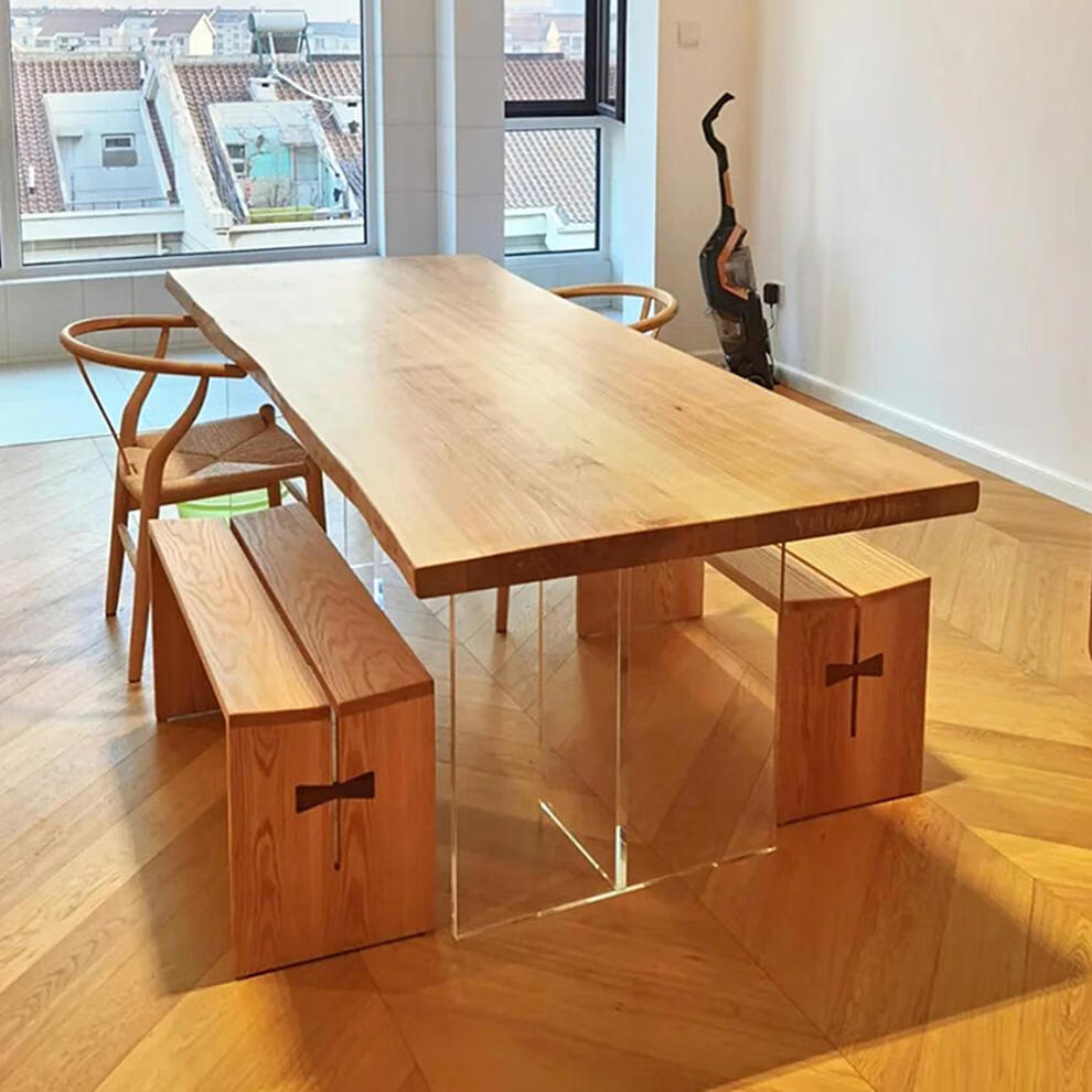 亚克力实木茶桌客厅长桌悬浮餐桌办公室工作台原木书桌日式吃饭桌北美