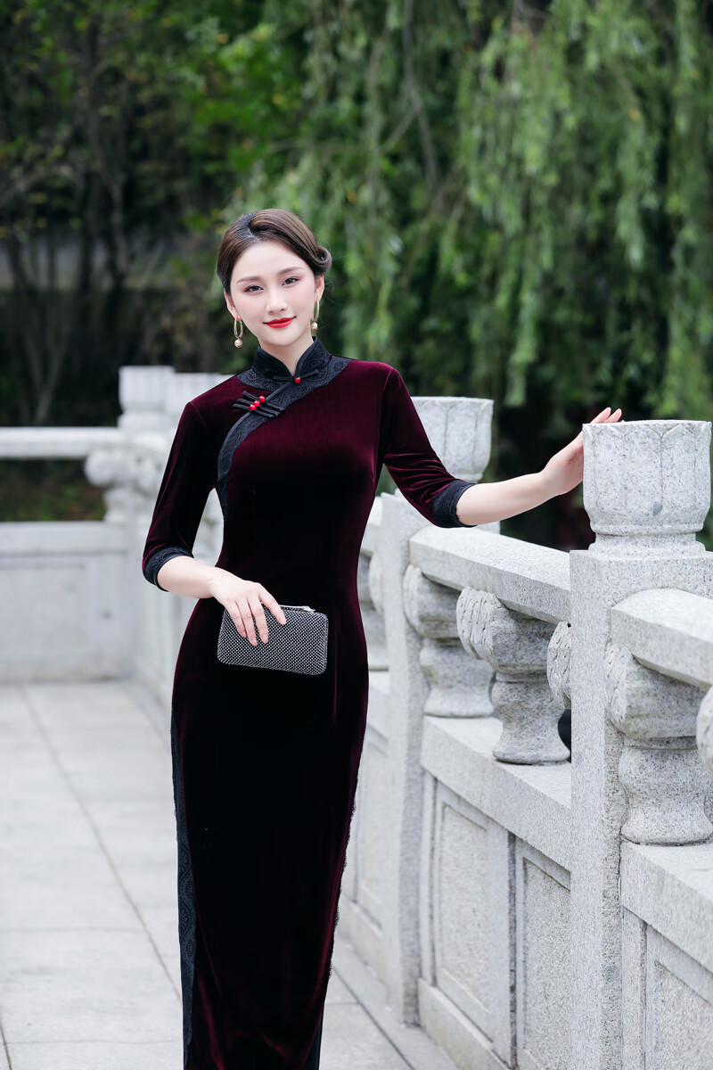 中长款旗袍喜妈妈秋季七分袖高端金丝绒小个子婚礼女复古唐装 孔雀蓝