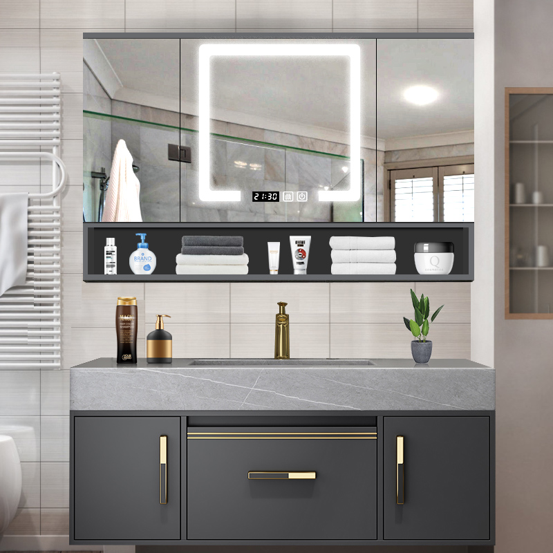 风水镜浴室柜组合 轻奢岩板浴室柜组合隐藏式折叠风水镜柜卫生间正对