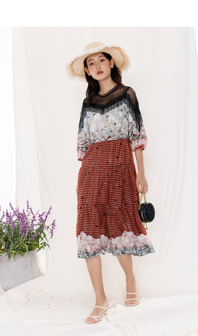 商场同款熙然2022夏季新款复古蕾丝网纱拼接格纹印花中长款连衣裙女