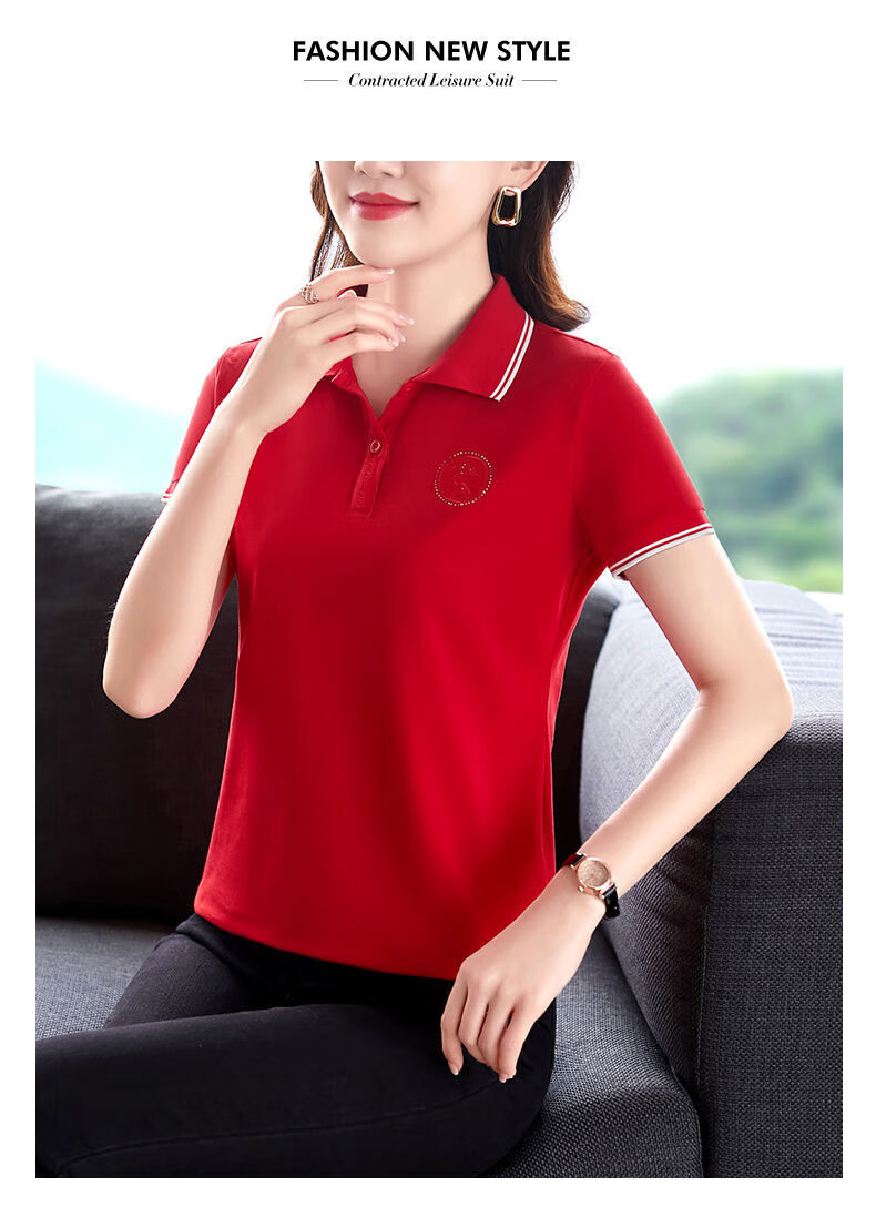 短袖t恤女夏季翻领中年妈妈时尚休闲上衣polo衫带领运动半袖 大红色