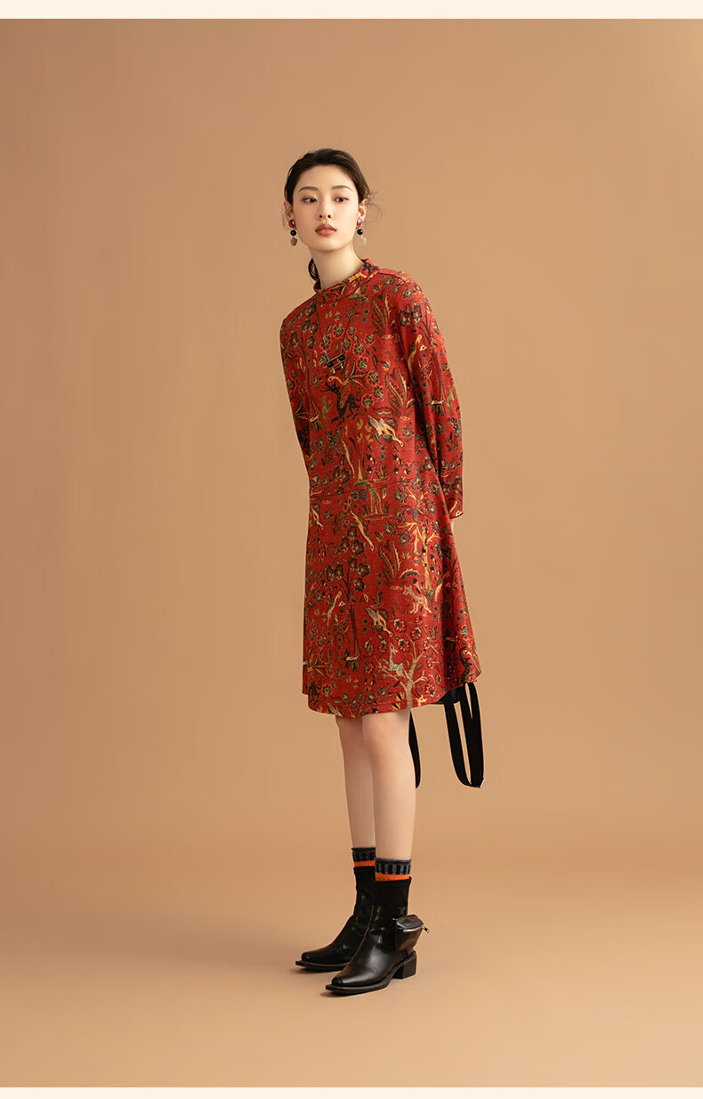 渔牌女装早秋装2021年新款女小高领羊毛气质长袖连衣裙女橘红17088al