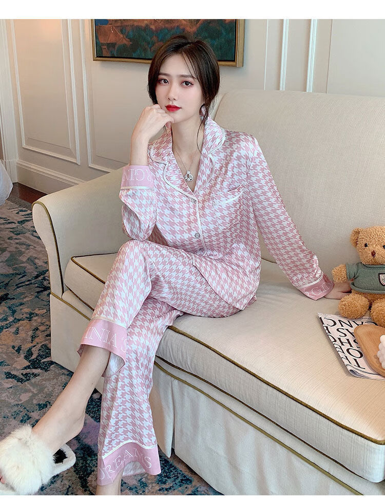 女士春季睡衣千鸟格女睡衣网红春秋冰丝薄款套装时尚洋气可外穿家居服
