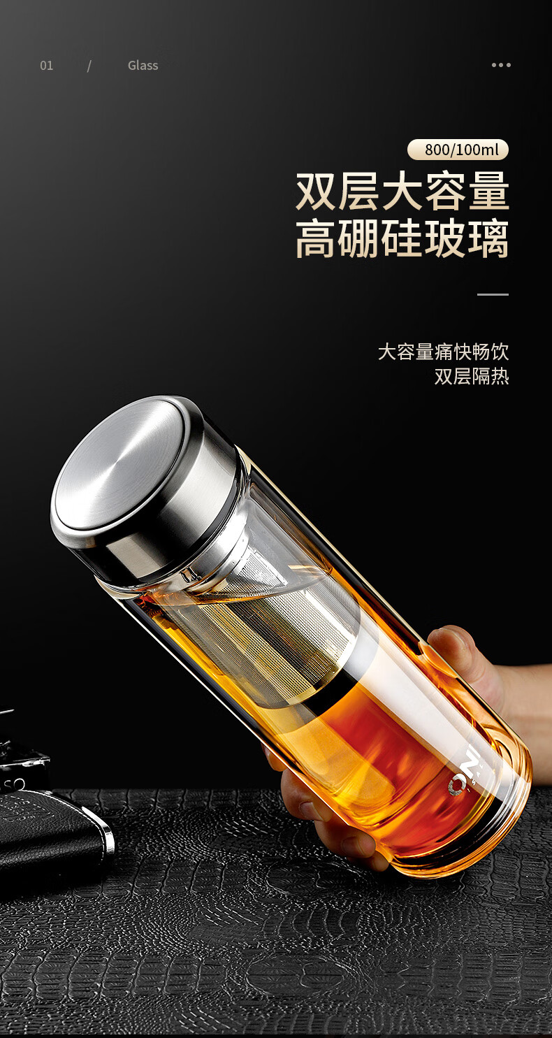 万象同款双层玻璃杯大容量1000ml耐高温茶杯隔热保温防摔超大号加厚水