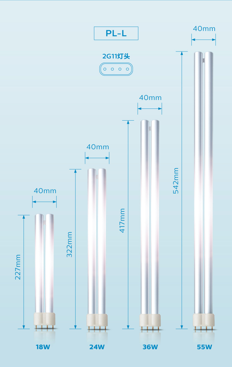 飞利浦平四针h型灯管h36wh55w三基色h24w台灯长条家用节能荧光灯9w两
