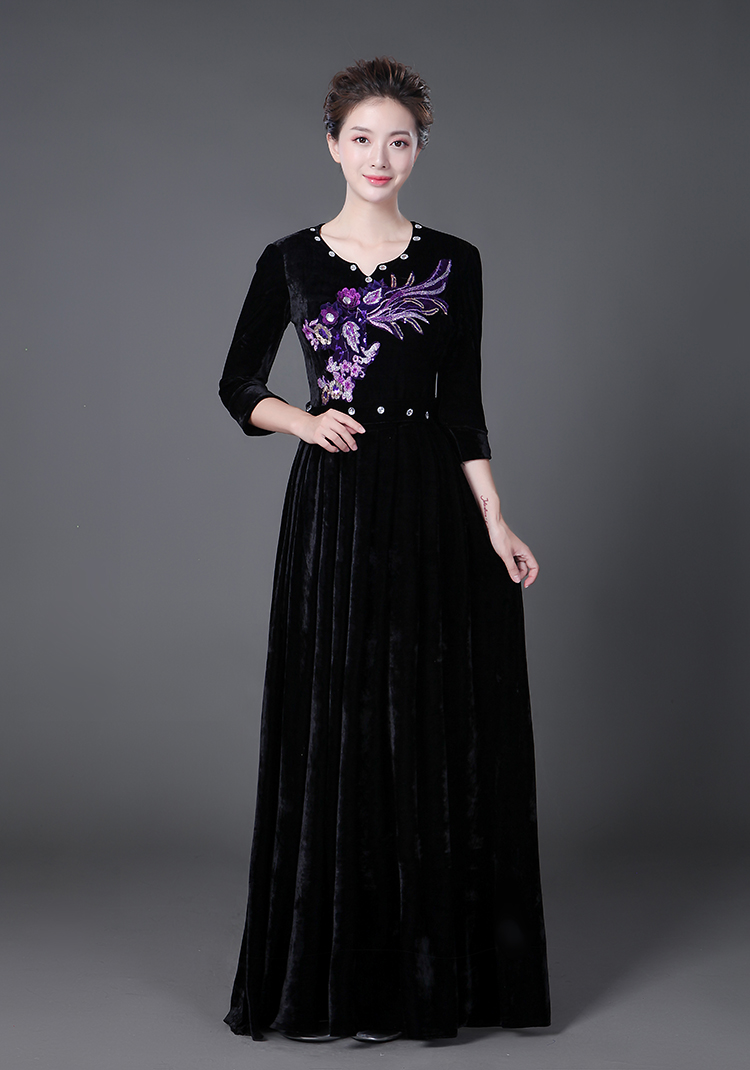 中老年演出服独唱金丝绒大合唱长裙合唱团指挥舞蹈表演服礼服女成人