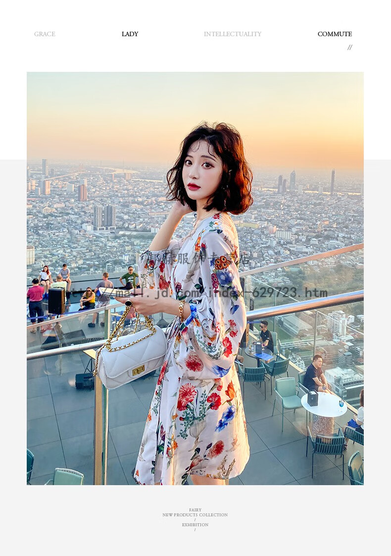 sxa香港潮牌v领碎花雪纺连衣裙女装2020秋新款名媛气质小个子灯笼袖