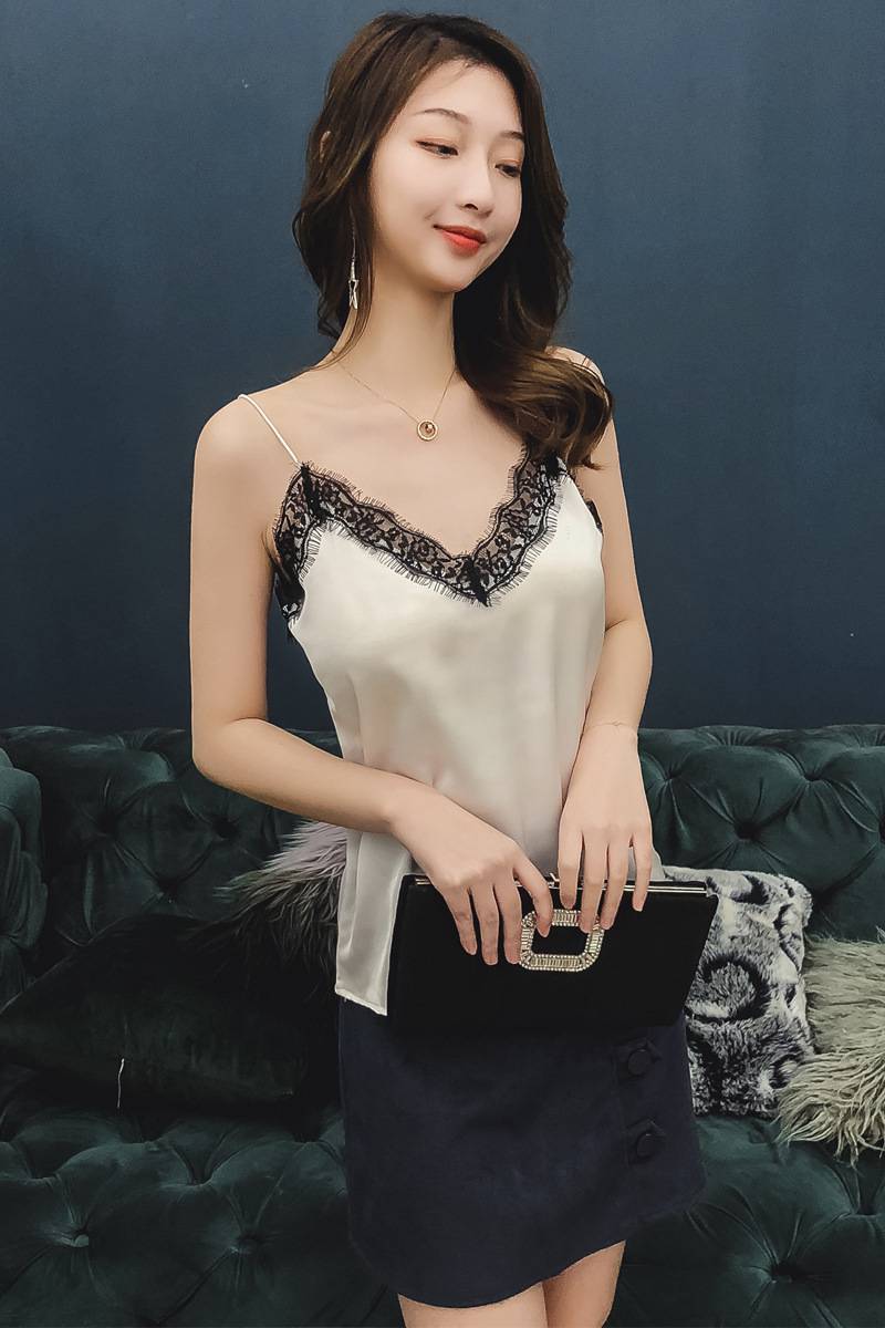 【品牌好物】恒源祥同款真丝吊带外穿女士背心女夏季睫毛蕾丝v领雪纺