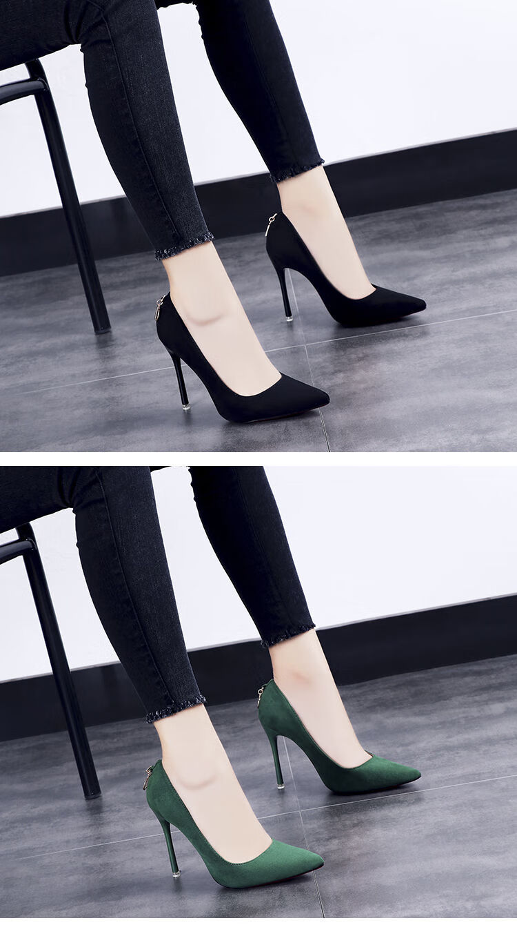 高跟鞋女细跟春秋新款鞋子女学生韩版d扣尖头百搭女鞋黑色光板10cm34