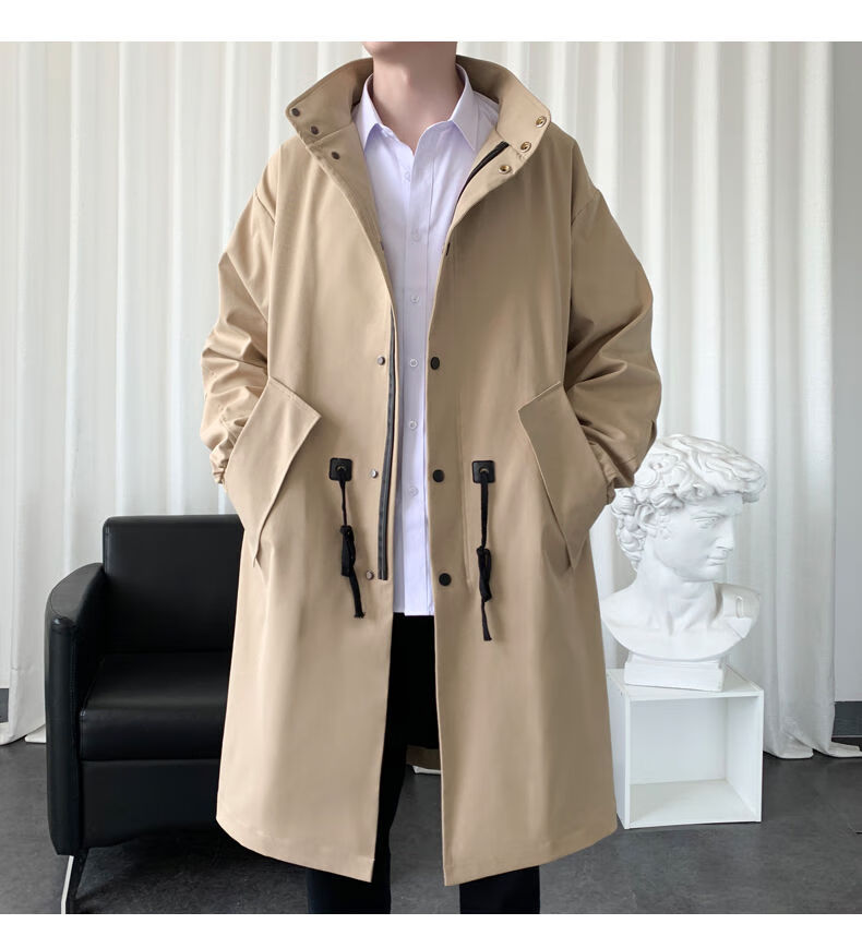 啄木鸟男装春秋冬季中长款风衣男立领青年宽松大码时尚外套纯色帅气