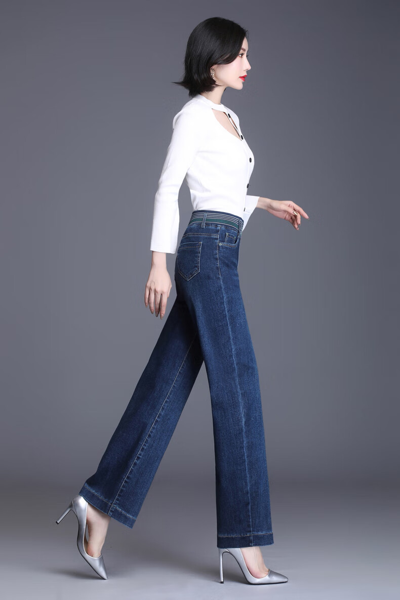 法莎尼亚轻奢品牌牛仔裤女2020年秋季新款松紧腰高腰阔腿裤中年大码