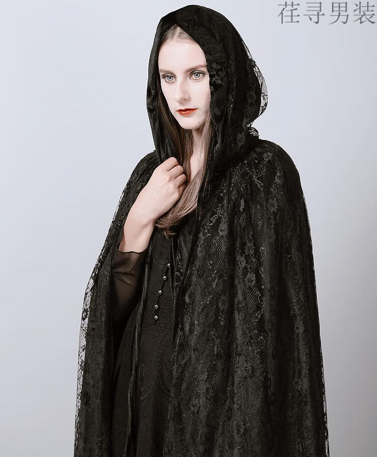 巫师袍风衣披风暗黑巫师长款斗篷女宫廷复古蕾丝连帽外套大衣万圣节