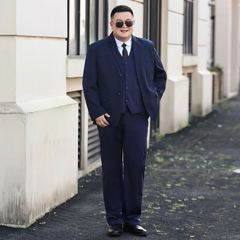 胖子宽松商务伴郎礼服职业正装大码西装套装2扣藏青西装裤子领带4xl