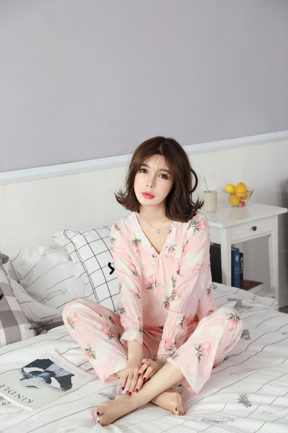 新睡衣女士春夏棉绸大码长袖长裤睡衣套装棉绸家居服洛芊 橘色字母