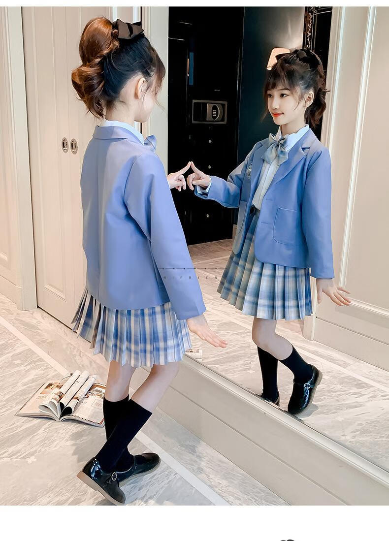 洋气儿童西装格子裙三件套小女孩12五六年级13大童14岁15中大星野170