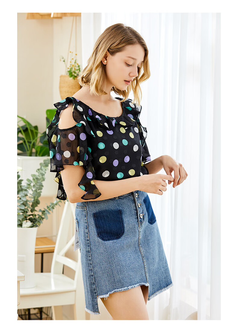 朵以2020夏新款复古彩色波点荷叶边雪纺上衣34dx111026 丁香紫 xl