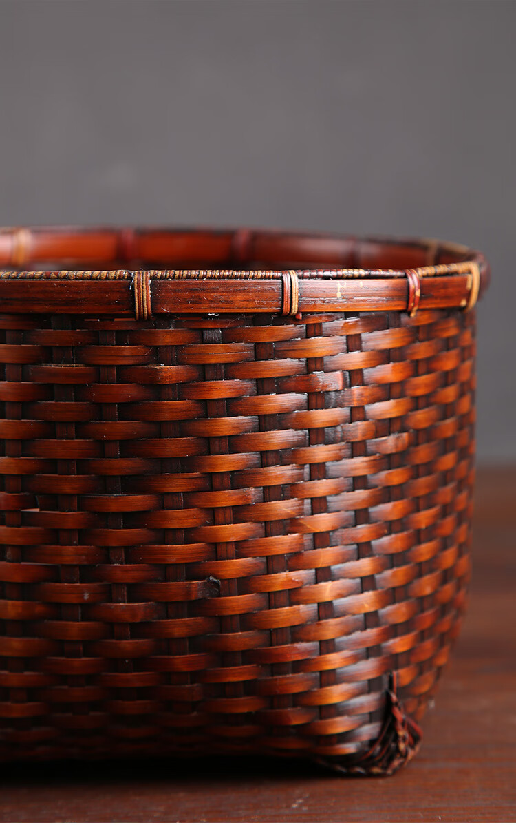 手工竹编篮复古竹篮竹筐箩筐手提篮茶道收纳篮子带盖盒竹篓 圆形做旧