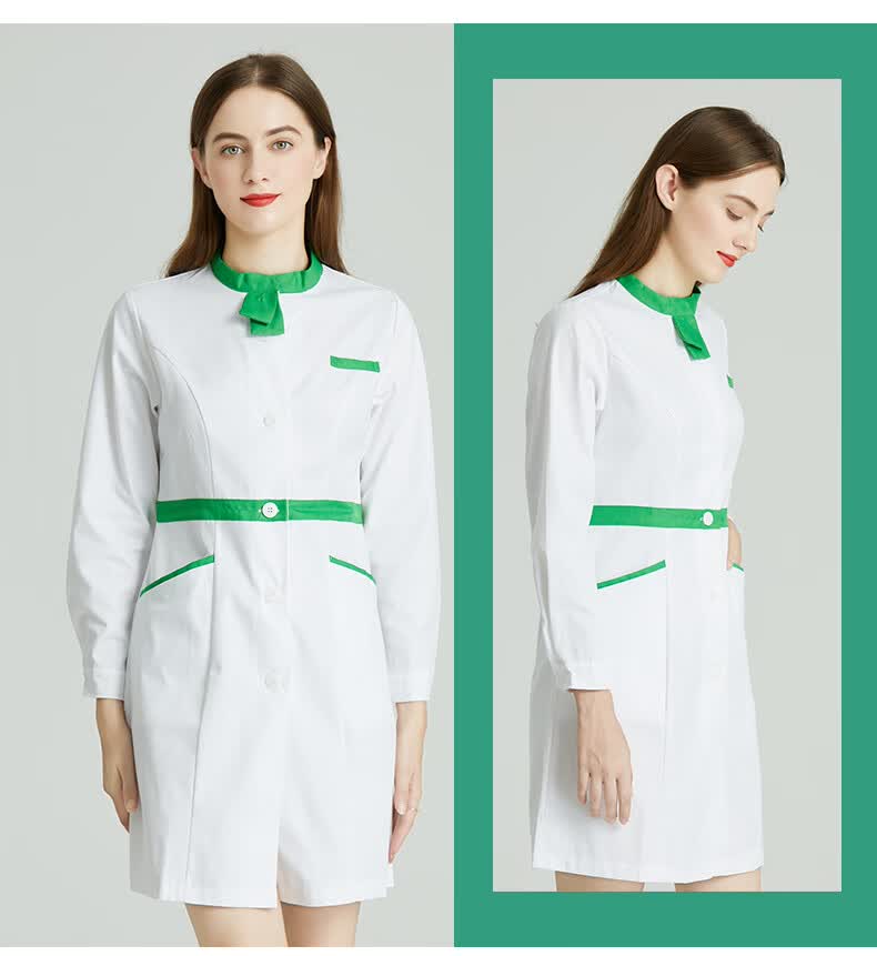 长袖绿领白衣房护理护士工作服护士裤美容服定制款护士服连衣裙s