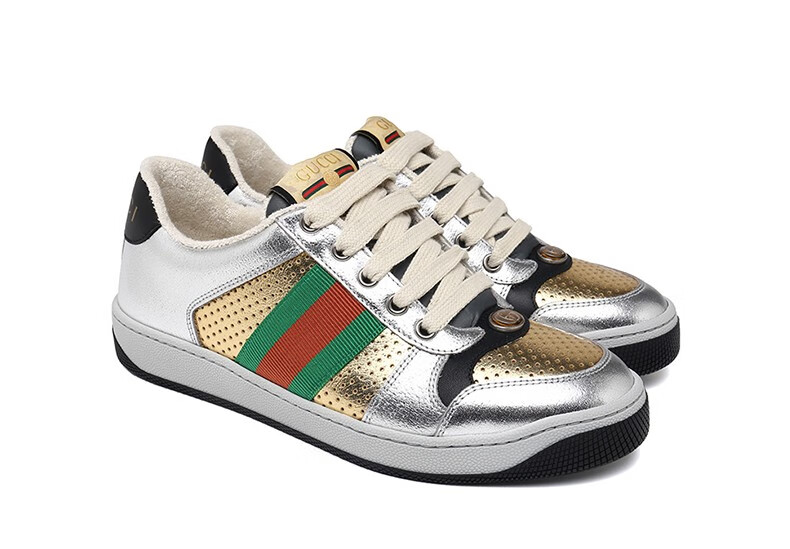 gucci古驰女鞋女士欧美休闲帆布鞋运动鞋银色36