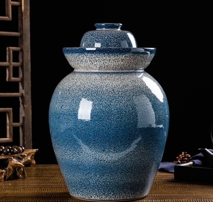 蓝釉陶瓷咸菜罐家用小号四川泡菜缸水封土陶加厚腌蛋密封酸菜坛子 蓝
